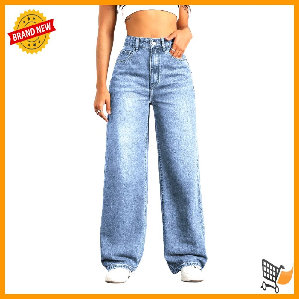 High Waisted Straight Leg Boyfriend Jeans, Stretchy Denim Pants, Wide Leg Fit